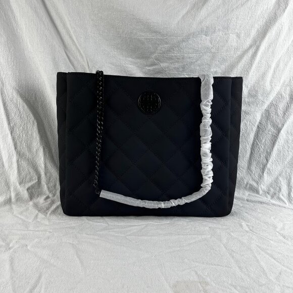 Tory Burch Black Matte Quilted Tote Bag - Picture 2 of 11